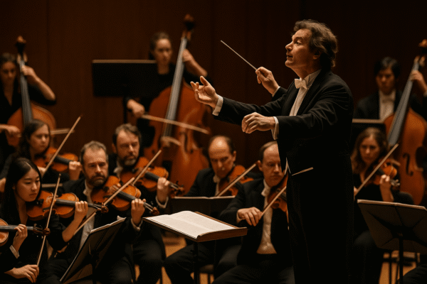 Symphony orchestra performing on stage, symbol of symphony listening. History of the Orchestra