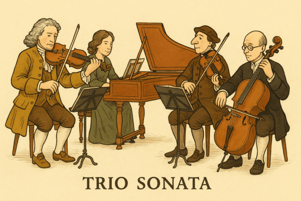 String Quartet History - Baroque trio sonata ensemble with two violins, cello, and harpsichord performing together.