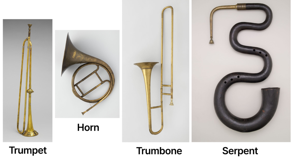 Classical brass section with natural trumpets, horns using hand-stopping technique, and early trombones positioned at the rear of the orchestra, illustrating their supporting and ceremonial roles.