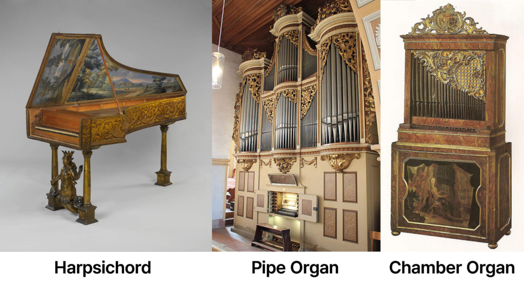 Baroque keyboards – Harpsichord (Cembalo), Pipe Organ, Chamber Organ
