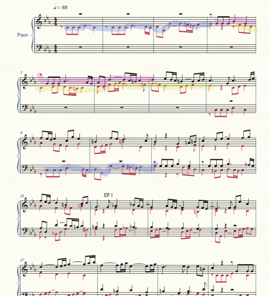 Student-composed fugue demonstrating an attempt at Bach Fugue Structure, with freer counterpoint in later entries