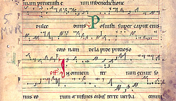 Detail of a 12th-century chant manuscript showing Cistercian neumes on a four-line staff, illustrating early pitch notation