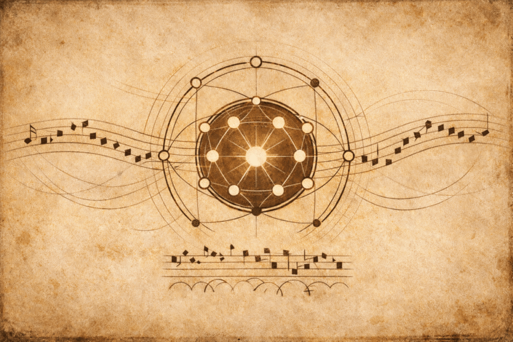 Medieval parchment illustration evoking Church Modes before major and minor.