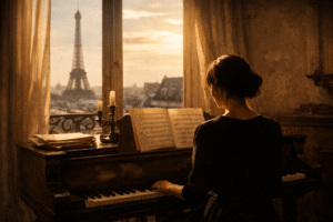 Cécile Chaminade and Augusta Holmès inspired scene of a woman playing piano by a Paris window with the Eiffel Tower in the background, symbolizing forgotten female composers
