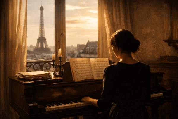Cécile Chaminade and Augusta Holmès inspired scene of a woman playing piano by a Paris window with the Eiffel Tower in the background, symbolizing forgotten female composers