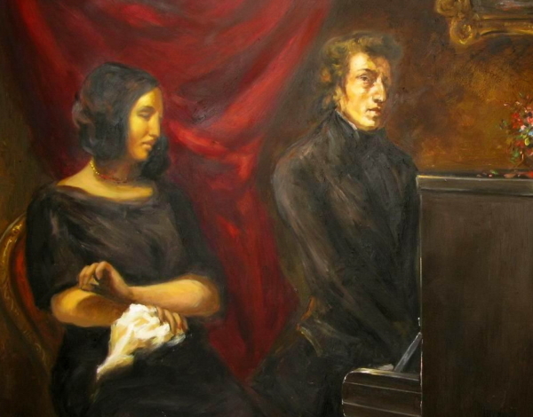 Portrait of Frédéric Chopin and George Sand based on Eugène Delacroix sketch, depicting Chopin at the piano and George Sand seated beside him