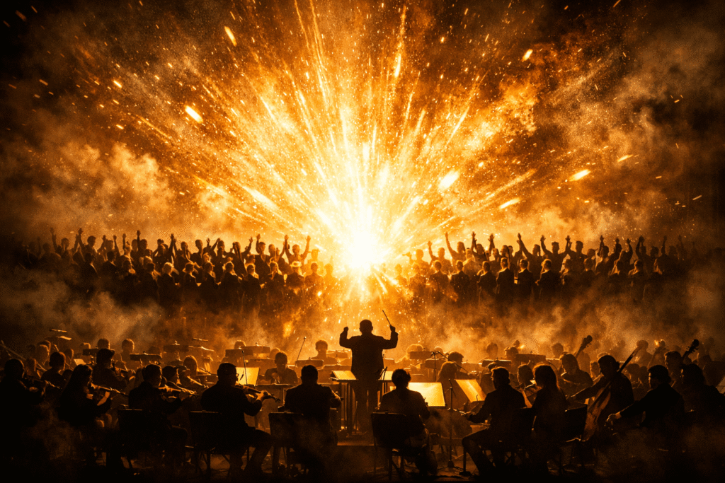 An orchestra and choir performing Beethoven Symphony No. 9 with a dramatic explosion of golden light symbolizing the Ode to Joy.