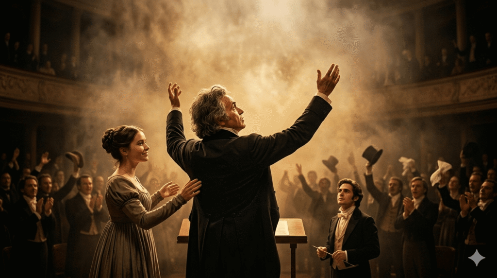 A close-up of the premiere of Beethoven Symphony No.9 where Caroline Unger turns the deaf Beethoven to face the applause under a warm, golden haze.