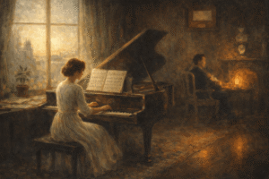 Ethel Smyth and Amy Beach represented as a woman playing piano in a quiet 19th-century interior, symbolizing the hidden lives of female composers