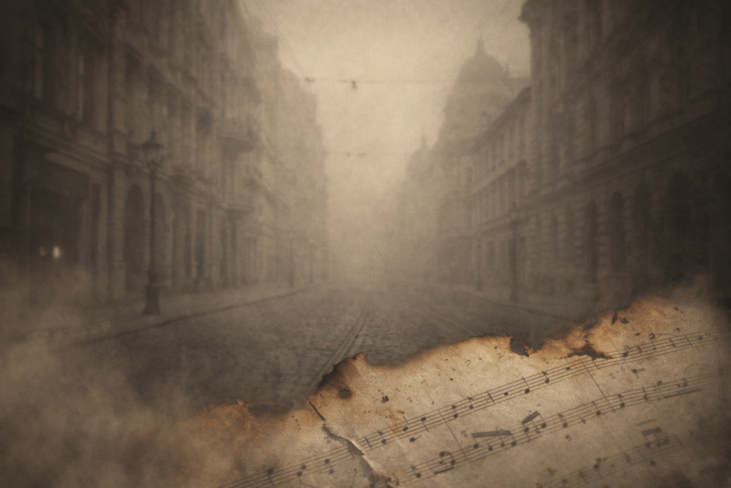 A foggy Vienna street with a torn and burned sheet of music overlaid at the bottom, representing how war erased the legacies of Johanna Müller-Hermann and Dora Pejačević