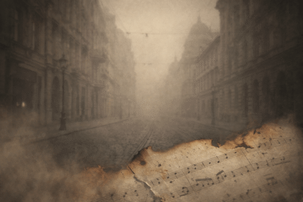 A foggy Vienna street with a torn and burned sheet of music overlaid at the bottom, representing how war erased the legacies of Johanna Müller-Hermann and Dora Pejačević